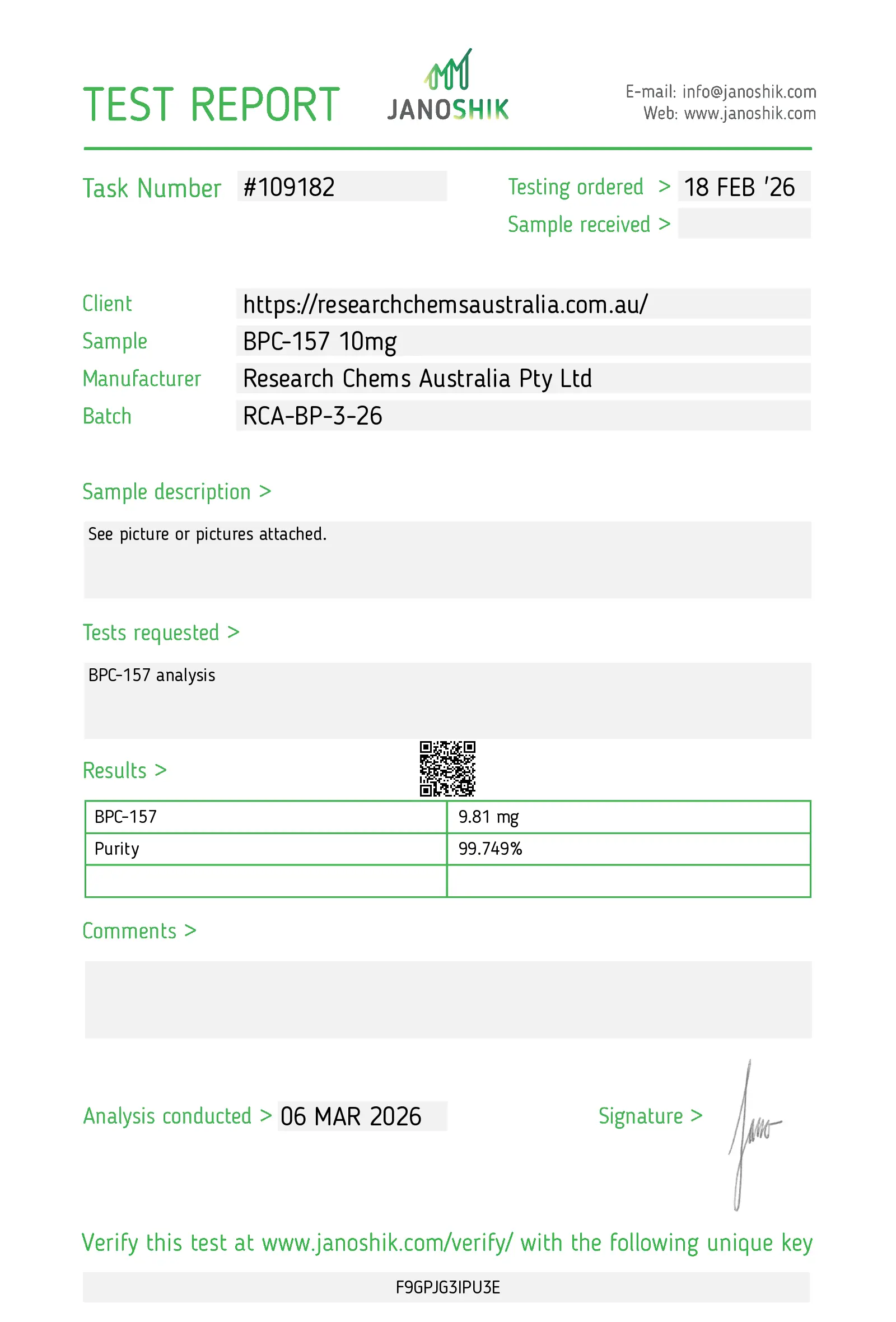 BPC-157 10mg Certificate of Analysis